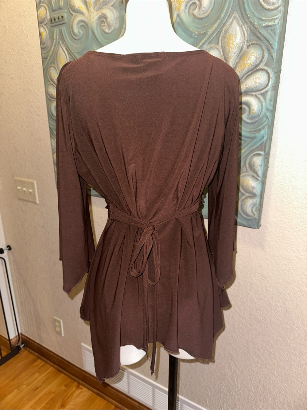 Y2K Cocomo Faux Wrap Tunic Top Brown Handkerchief Hem Tie Waist Women’s L - Picture 5 of 9